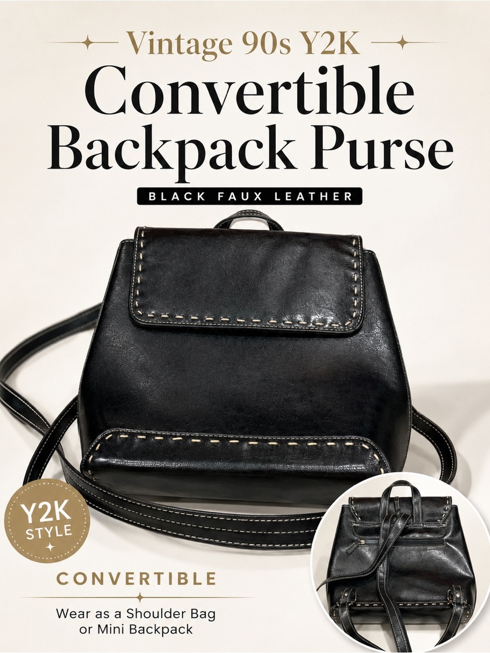 Vintage 90s Y2K Convertible Backpack Purse | Black Faux Leather